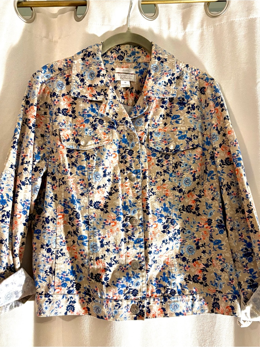 Coastal Beachy Travel Feminine Floral Button-Up Jacket in Beige, Blue & Coral - Picture 1 of 7